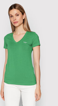 Zielony t-shirt Pepe Jeans z dekoltem w kształcie litery v