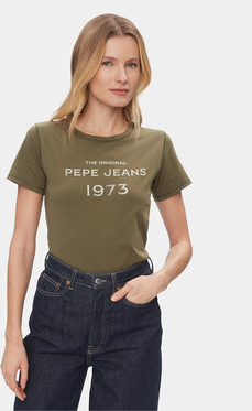 Zielony t-shirt Pepe Jeans z okrągłym dekoltem w młodzieżowym stylu