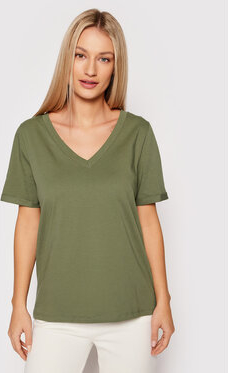 Zielony t-shirt Pieces w stylu casual z dekoltem w kształcie litery v