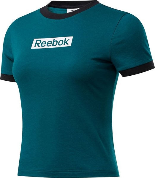 Zielony t-shirt Reebok w sportowym stylu z okrągłym dekoltem z tkaniny