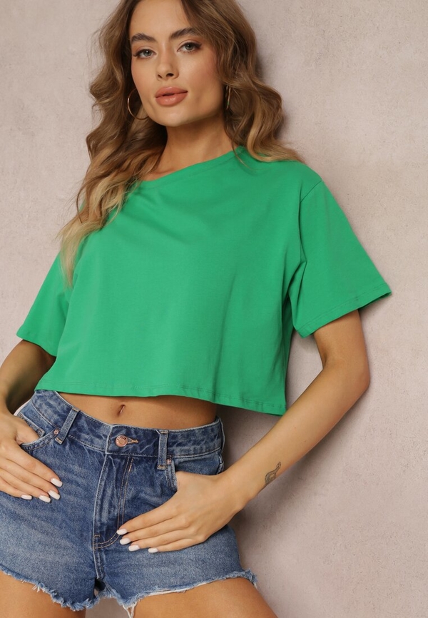 Zielony t-shirt Renee z okrągłym dekoltem z krótkim rękawem w stylu casual