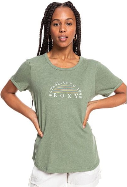 Zielony t-shirt Roxy z okrągłym dekoltem z krótkim rękawem