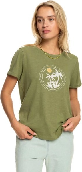 Zielony t-shirt Roxy z okrągłym dekoltem z krótkim rękawem w młodzieżowym stylu