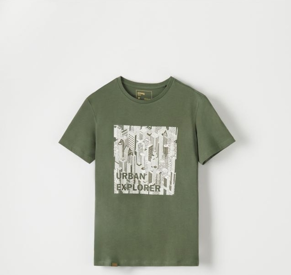 Zielony t-shirt Sinsay w młodzieżowym stylu z krótkim rękawem z nadrukiem