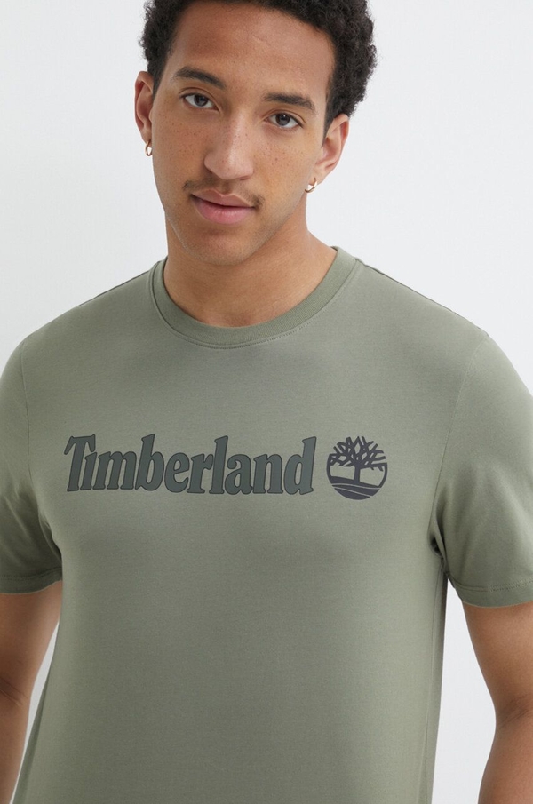 Zielony t-shirt Timberland z bawełny z krótkim rękawem