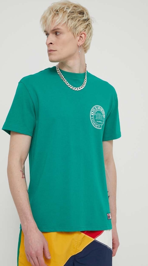 Zielony t-shirt Tommy Jeans z bawełny z nadrukiem