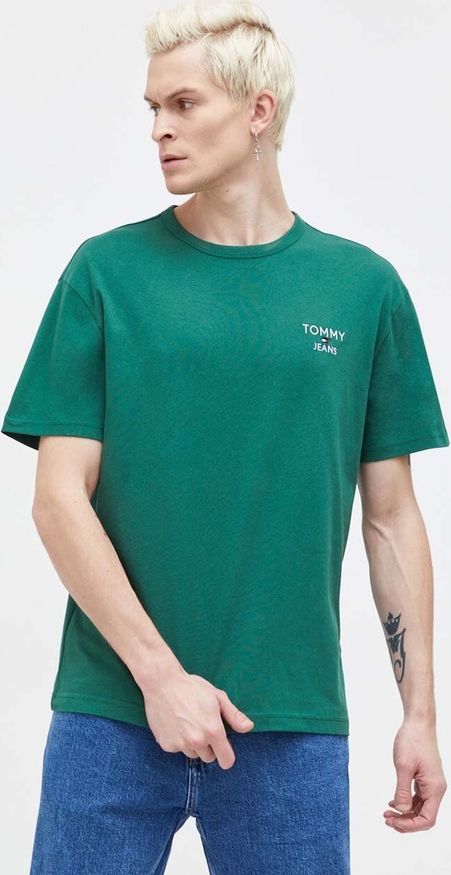 Zielony t-shirt Tommy Jeans z krótkim rękawem z bawełny w sportowym stylu