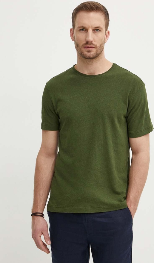 Zielony t-shirt United Colors Of Benetton z lnu z krótkim rękawem