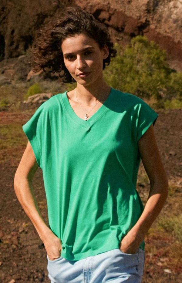 Zielony t-shirt Volcano z bawełny z krótkim rękawem w stylu casual