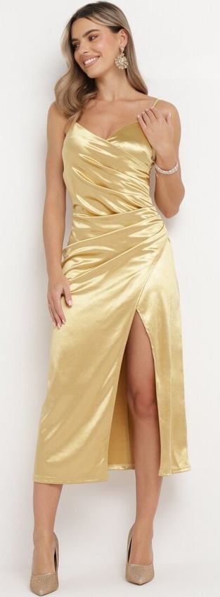 Złota sukienka born2be z dekoltem w kształcie litery v midi