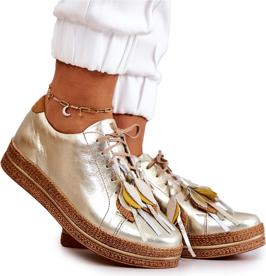Złote buty sportowe Maciejka ze skóry w sportowym stylu sznurowane