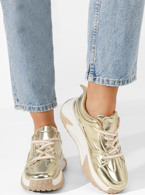Złote buty sportowe Zapatos na platformie w sportowym stylu sznurowane