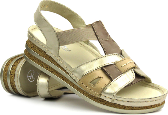 Złote sandały Helios Komfort ze skóry w stylu casual z klamrami