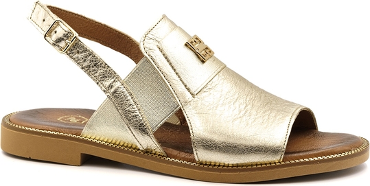 Złote sandały Nescior z płaską podeszwą z klamrami ze skóry