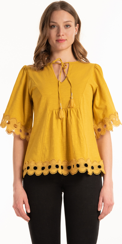Żółta bluzka Gate z okrągłym dekoltem z bawełny w stylu casual