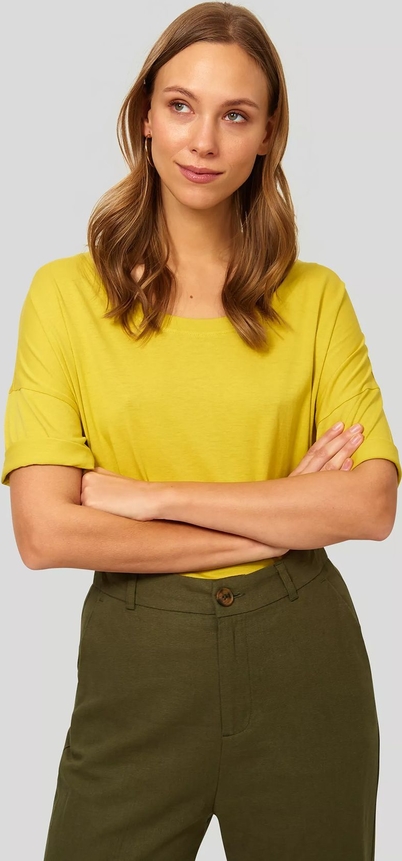 Żółta bluzka Greenpoint w stylu casual z okrągłym dekoltem z krótkim rękawem