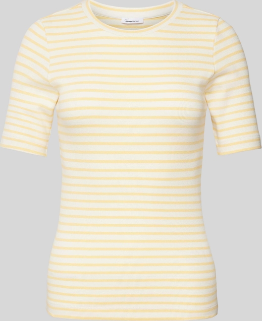 Żółta bluzka Knowledge Cotton Apparel z okrągłym dekoltem w stylu casual z krótkim rękawem