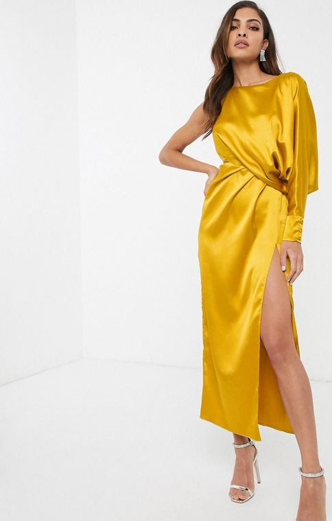 Żółta sukienka Aso Design z długim rękawem asymetryczna