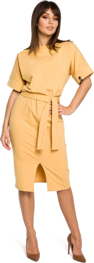 Żółta sukienka Be z krótkim rękawem midi z bawełny