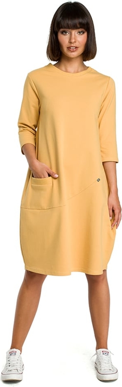 Żółta sukienka BeWear midi z okrągłym dekoltem w stylu casual