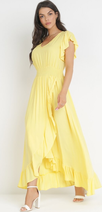 Żółta sukienka born2be z dekoltem w kształcie litery v