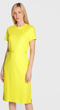 Żółta sukienka Calvin Klein midi z okrągłym dekoltem z krótkim rękawem