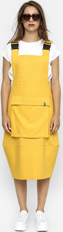 Żółta sukienka Freeshion z krótkim rękawem midi z okrągłym dekoltem