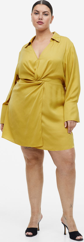 Żółta sukienka H & M mini szmizjerka z długim rękawem
