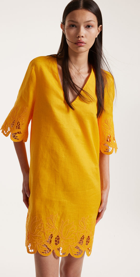 Żółta sukienka H & M z długim rękawem z tkaniny z dekoltem w kształcie litery v