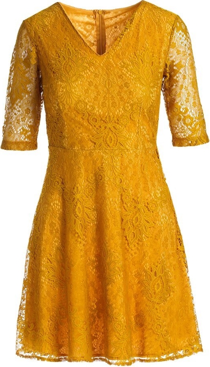 Żółta sukienka Multu z dekoltem w kształcie litery v z krótkim rękawem