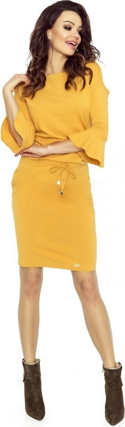 Żółta sukienka Nubile mini z okrągłym dekoltem z długim rękawem