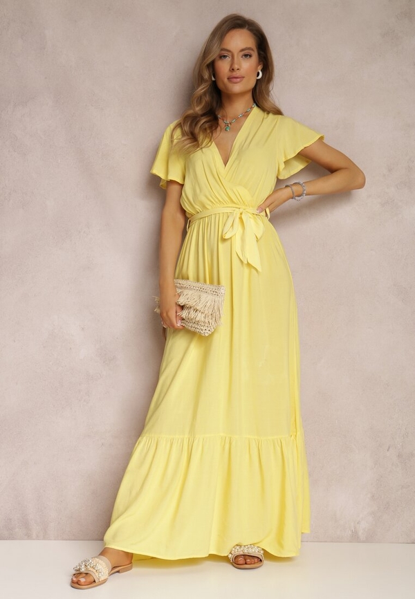 Żółta sukienka Renee z krótkim rękawem z tkaniny z dekoltem w kształcie litery v