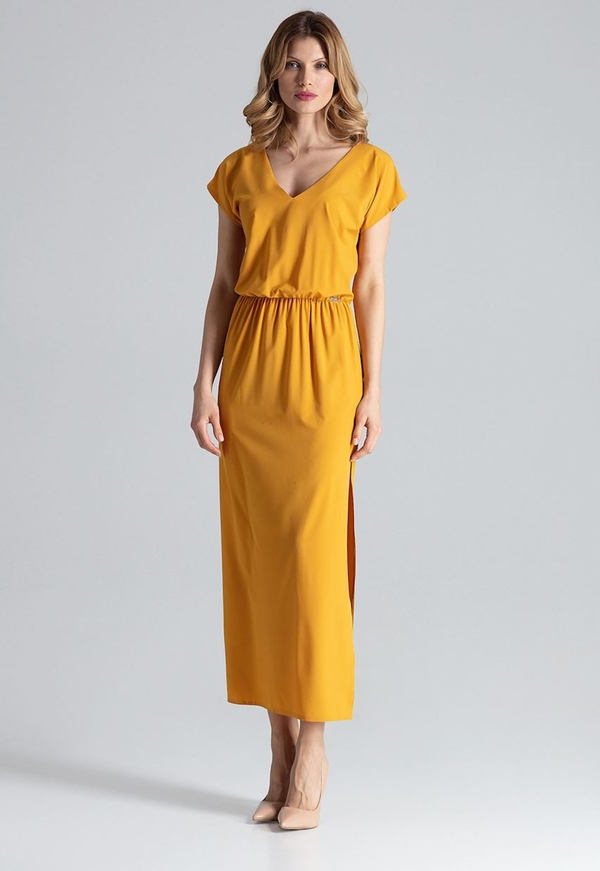 Żółta sukienka sukienki.pl z dekoltem w kształcie litery v w stylu casual z krótkim rękawem