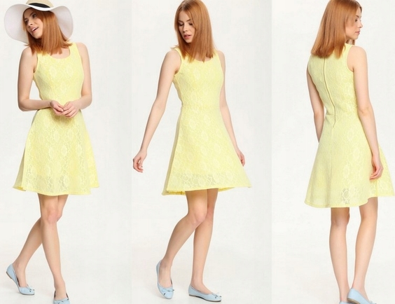 Żółta sukienka Top Secret mini z okrągłym dekoltem rozkloszowana