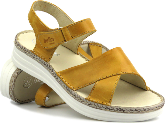 Żółte sandały Helios Komfort ze skóry z klamrami na obcasie