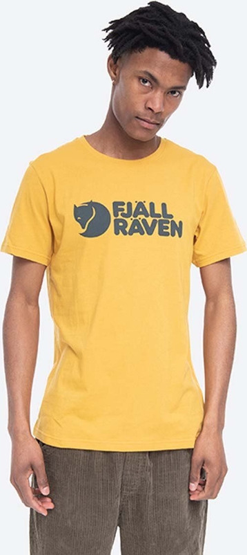 Żółty t-shirt Fjällräven z nadrukiem w młodzieżowym stylu z bawełny