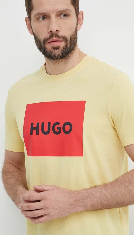 Żółty t-shirt Hugo Boss z krótkim rękawem w młodzieżowym stylu z bawełny