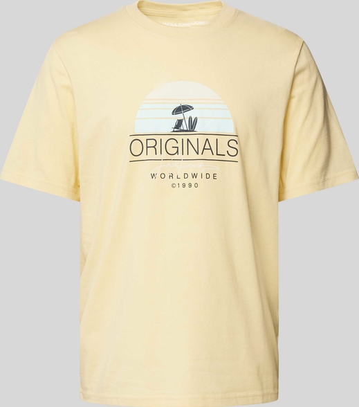 Żółty t-shirt Jack & Jones z nadrukiem z krótkim rękawem z bawełny
