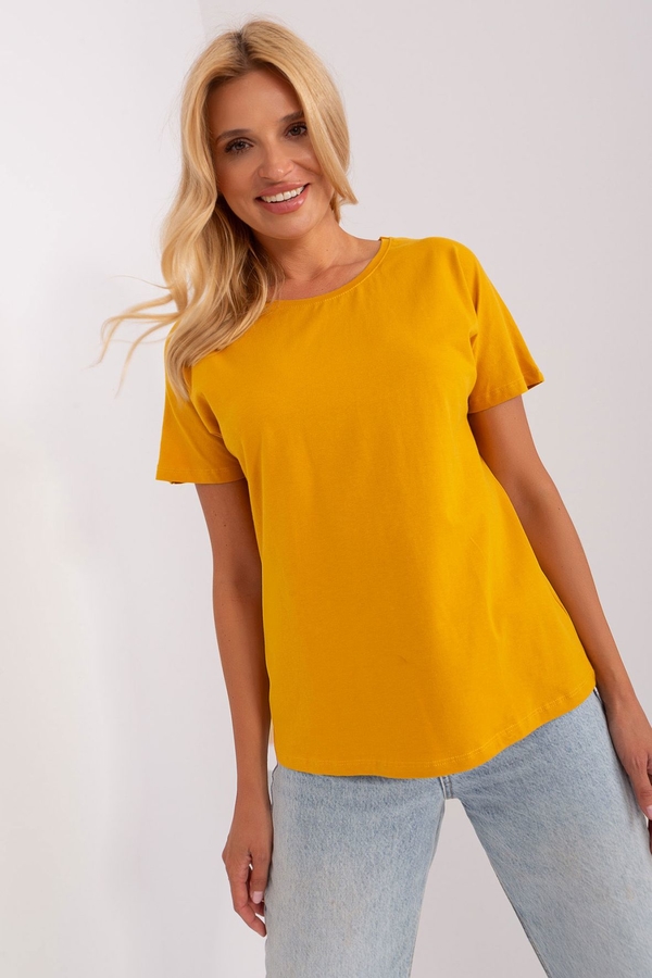 Żółty t-shirt Lily Rose w stylu casual z bawełny z okrągłym dekoltem
