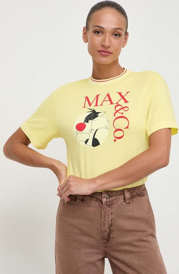 Żółty t-shirt Max & Co. z okrągłym dekoltem z krótkim rękawem