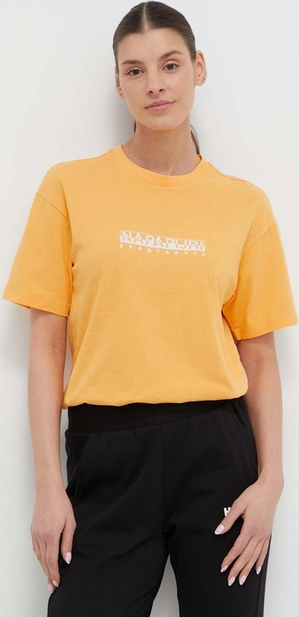 Żółty t-shirt Napapijri w sportowym stylu z bawełny z okrągłym dekoltem