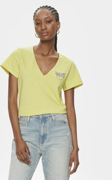 Żółty t-shirt Pinko w stylu casual z dekoltem w kształcie litery v
