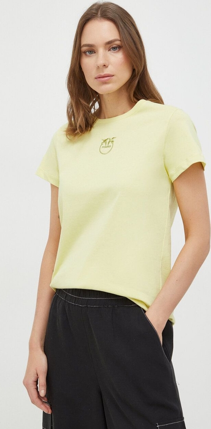 Żółty t-shirt Pinko z bawełny z okrągłym dekoltem z krótkim rękawem