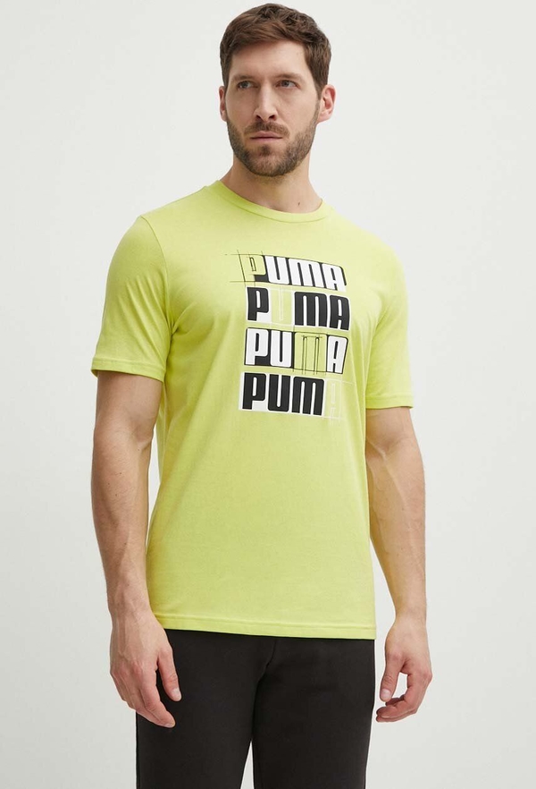 Żółty t-shirt Puma z krótkim rękawem z nadrukiem