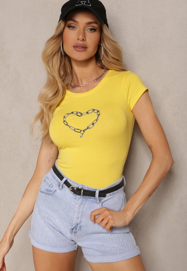 Żółty t-shirt Renee w młodzieżowym stylu z krótkim rękawem