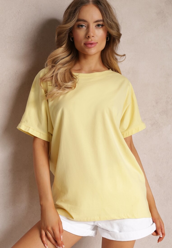 Żółty t-shirt Renee w stylu casual z okrągłym dekoltem z krótkim rękawem