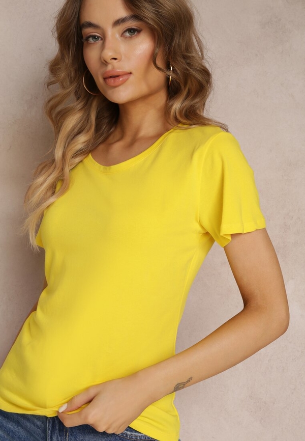 Żółty t-shirt Renee z tkaniny z krótkim rękawem z okrągłym dekoltem