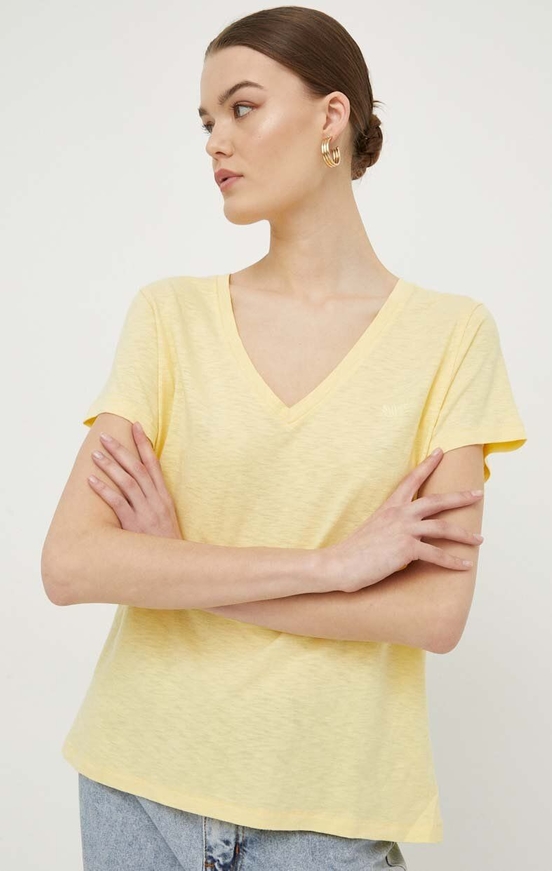 Żółty t-shirt Superdry z bawełny z krótkim rękawem z dekoltem w kształcie litery v