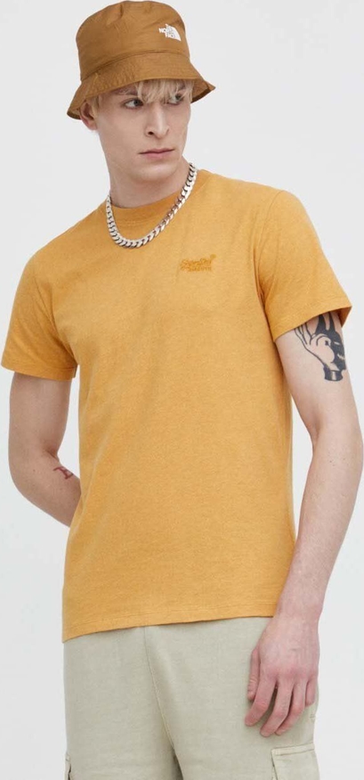 Żółty t-shirt Superdry z krótkim rękawem z bawełny w stylu casual