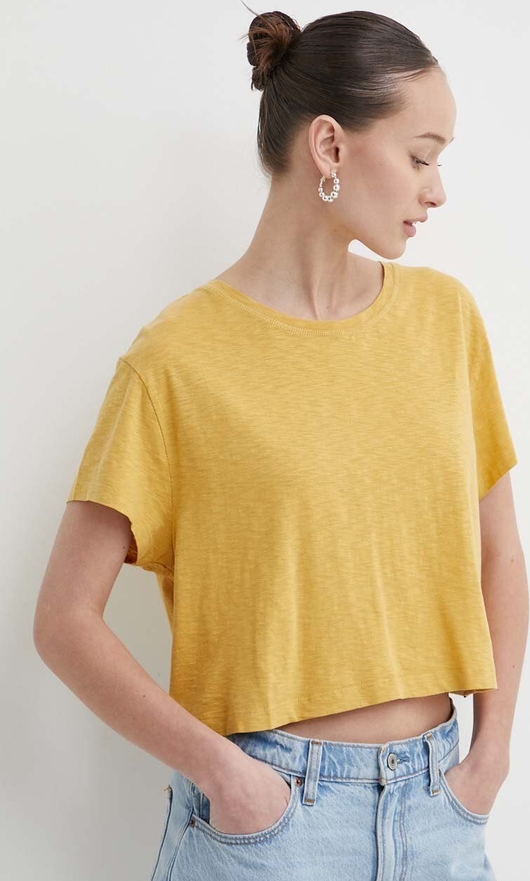 Żółty t-shirt Superdry z okrągłym dekoltem z krótkim rękawem z bawełny